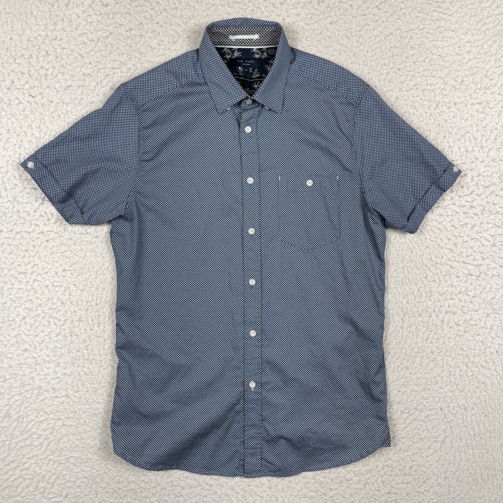 Ted Baker Button Down Mens 3 Navy Blue Scorpun Micro Dot Short Sleeve Preppy